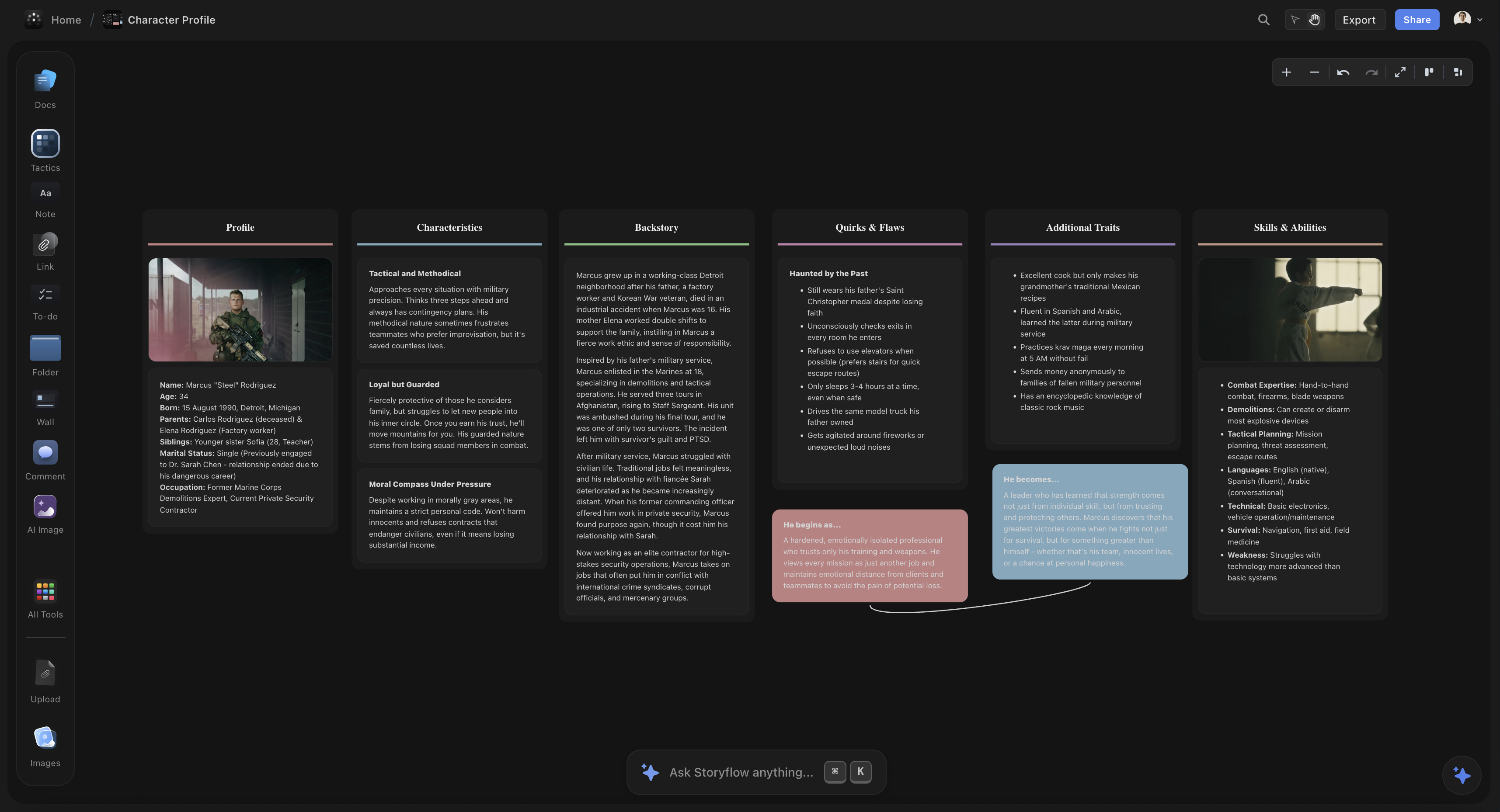 Character development with visual profiles and relationship mapping